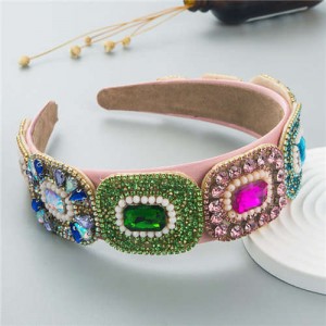Vintage Baroque Style Glistening Rhinestone Bold Fashion Luxury Bejeweled Headband - Multicolor