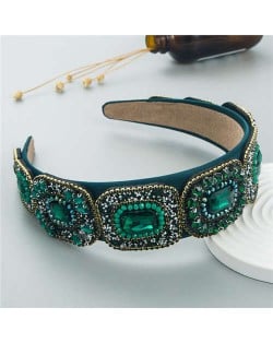 Vintage Baroque Style Glistening Rhinestone Bold Fashion Luxury Bejeweled Headband - Green