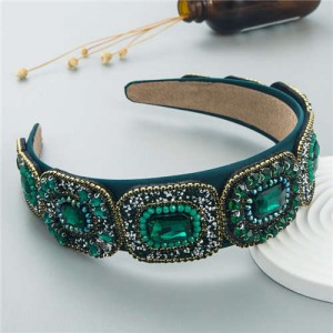 Vintage Baroque Style Glistening Rhinestone Bold Fashion Luxury Bejeweled Headband - Green