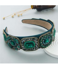Vintage Baroque Style Glistening Rhinestone Bold Fashion Luxury Bejeweled Headband - Green