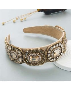 Vintage Baroque Style Glistening Rhinestone Bold Fashion Luxury Bejeweled Headband - Champagne