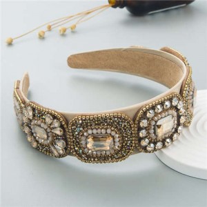 Vintage Baroque Style Glistening Rhinestone Bold Fashion Luxury Bejeweled Headband - Champagne