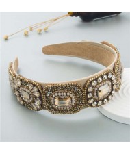 Vintage Baroque Style Glistening Rhinestone Bold Fashion Luxury Bejeweled Headband - Champagne