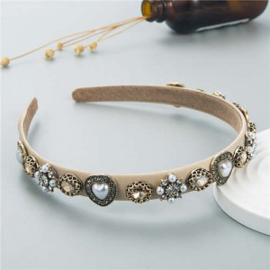 Korean Fashion Elegant Pearl Vintage Alloy Hairhoop - Khaki