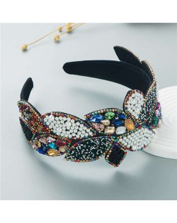 Wholesale Fashion Rhinestone and Pearl Leaf-shaped Design Wide-brimmed Bejeweled Headband - Multicolor