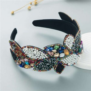 Wholesale Fashion Rhinestone and Pearl Leaf-shaped Design Wide-brimmed Bejeweled Headband - Multicolor