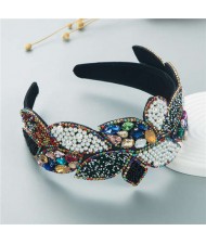 Wholesale Fashion Rhinestone and Pearl Leaf-shaped Design Wide-brimmed Bejeweled Headband - Multicolor