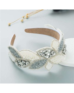 Wholesale Fashion Rhinestone and Pearl Leaf-shaped Design Wide-brimmed Bejeweled Headband - White