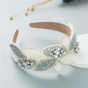 Wholesale Fashion Rhinestone and Pearl Leaf-shaped Design Wide-brimmed Bejeweled Headband - White