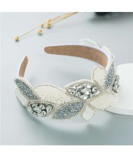 Wholesale Fashion Rhinestone and Pearl Leaf-shaped Design Wide-brimmed Bejeweled Headband - White