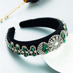 Popular Vintage Craftsmanship Retro Palace Style Baroque Fashion Rhinestone Sponge Headband - Green