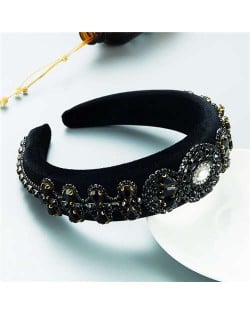 Popular Vintage Craftsmanship Retro Palace Style Baroque Fashion Rhinestone Sponge Headband - Black