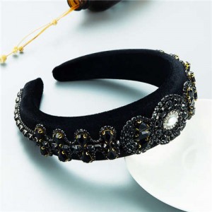 Popular Vintage Craftsmanship Retro Palace Style Baroque Fashion Rhinestone Sponge Headband - Black