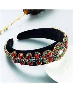 Popular Vintage Craftsmanship Retro Palace Style Baroque Fashion Rhinestone Sponge Headband - Multicolor