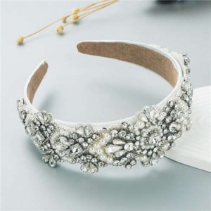 Shining Rhinestone Gorgeous Crafted Fashion Trend Luxury Bejeweled Headband - White