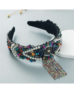 Fine Craftsmanship French Style Pearl Fringe Luxurious Bejeweled Women Headband - Multicolor