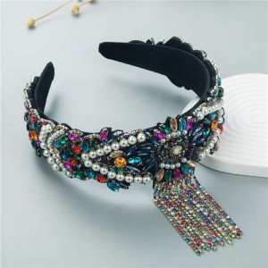 Fine Craftsmanship French Style Pearl Fringe Luxurious Bejeweled Women Headband - Multicolor