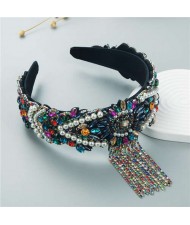 Fine Craftsmanship French Style Pearl Fringe Luxurious Bejeweled Women Headband - Multicolor