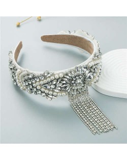 Fine Craftsmanship French Style Pearl Fringe Luxurious Bejeweled Women Headband - White