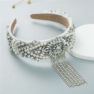 Fine Craftsmanship French Style Pearl Fringe Luxurious Bejeweled Women Headband - White