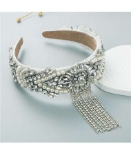 Fine Craftsmanship French Style Pearl Fringe Luxurious Bejeweled Women Headband - White