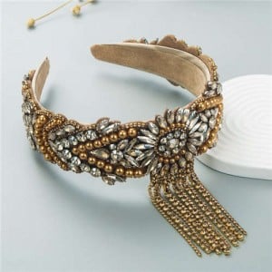 Fine Craftsmanship French Style Pearl Fringe Luxurious Bejeweled Women Headband - Champagne