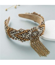 Fine Craftsmanship French Style Pearl Fringe Luxurious Bejeweled Women Headband - Champagne