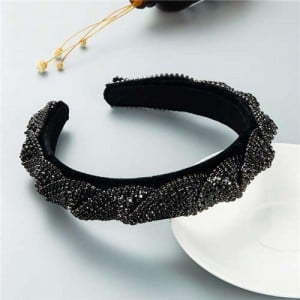 Beautiful Workmanship Fashion Trendy Bling Rhinestone Bejeweled Flannel Women Headband - Black