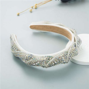 Beautiful Workmanship Fashion Trendy Bling Rhinestone Bejeweled Flannel Women Headband - White