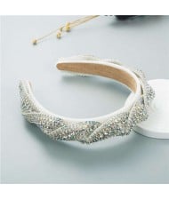 Beautiful Workmanship Fashion Trendy Bling Rhinestone Bejeweled Flannel Women Headband - White