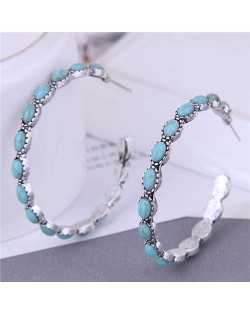 Turquoise Inlaid Vintage Fashion Big Hoop Women Costume Earrings