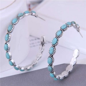 Turquoise Inlaid Vintage Fashion Big Hoop Women Costume Earrings