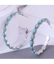 Turquoise Inlaid Vintage Fashion Big Hoop Women Costume Earrings