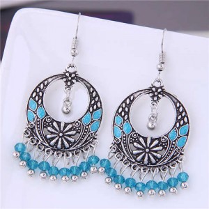 Crystal Beads Tassel Vintage Hoop Bohemian Fashion Women Costume Earrings - Blue