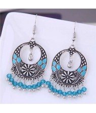 Crystal Beads Tassel Vintage Hoop Bohemian Fashion Women Costume Earrings - Blue