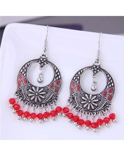 Crystal Beads Tassel Vintage Hoop Bohemian Fashion Women Costume Earrings - Red