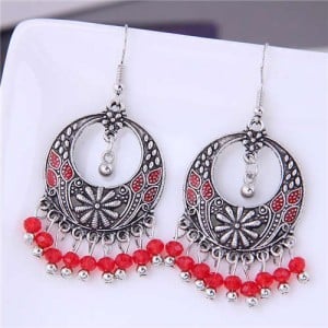 Crystal Beads Tassel Vintage Hoop Bohemian Fashion Women Costume Earrings - Red