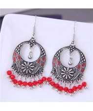 Crystal Beads Tassel Vintage Hoop Bohemian Fashion Women Costume Earrings - Red