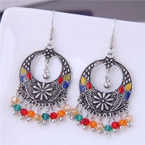 Crystal Beads Tassel Vintage Hoop Bohemian Fashion Women Costume Earrings - Multicolor