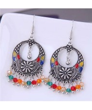 Crystal Beads Tassel Vintage Hoop Bohemian Fashion Women Costume Earrings - Multicolor