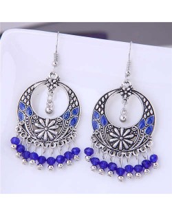 Crystal Beads Tassel Vintage Hoop Bohemian Fashion Women Costume Earrings - Royal Blue