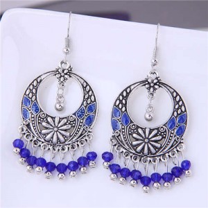 Crystal Beads Tassel Vintage Hoop Bohemian Fashion Women Costume Earrings - Royal Blue