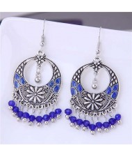 Crystal Beads Tassel Vintage Hoop Bohemian Fashion Women Costume Earrings - Royal Blue