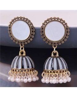 Bohemian Fashion Pearl Tassel Round Stud Costume Earrings - Black