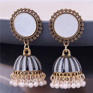 Bohemian Fashion Pearl Tassel Round Stud Costume Earrings - Black