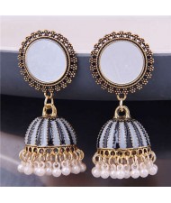 Bohemian Fashion Pearl Tassel Round Stud Costume Earrings - Black