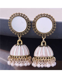 Bohemian Fashion Pearl Tassel Round Stud Costume Earrings - Pink