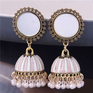Bohemian Fashion Pearl Tassel Round Stud Costume Earrings - Pink
