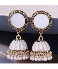 Bohemian Fashion Pearl Tassel Round Stud Costume Earrings - Pink