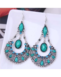 Rhinestone and Turquoise Waterdrop Bohemian Design Women Wholesale Dangle Earrings - Green